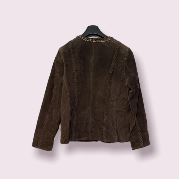 Hal Rubenstein Brown Suede Jacket w/ Chain Accent & Whipstitching - Picture 2 of 4